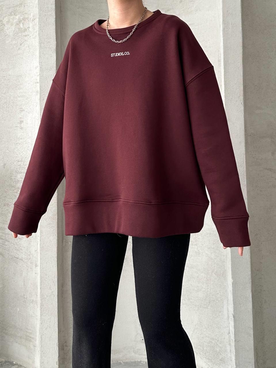 Üç İplik Yazılı Oversize Sweatshirt Vişne Çürüğü