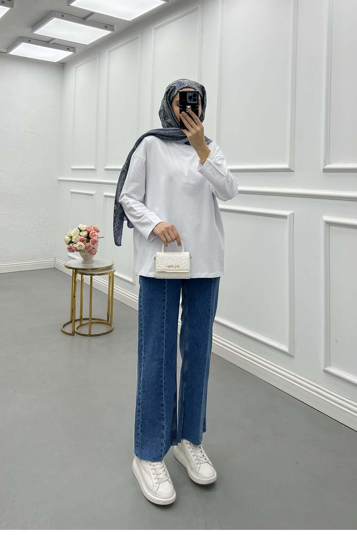 Uzun Kol Oversize Tshirt Beyaz