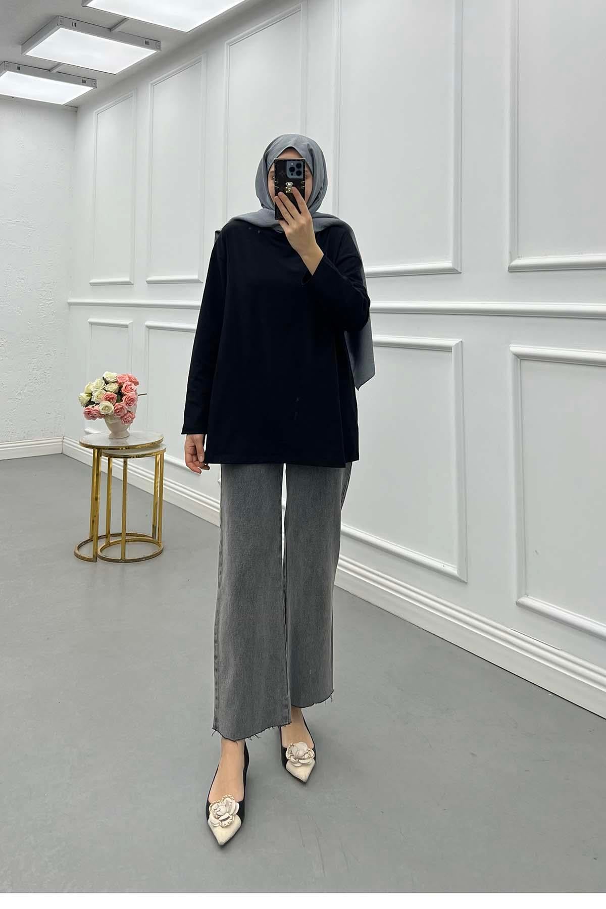 Uzun Kol Oversize Tshirt Siyah