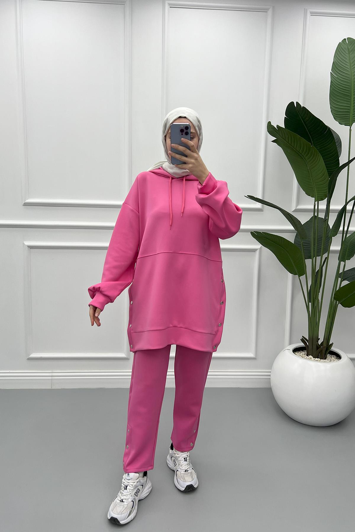 Uzun Yırtmaçlı Scuba Sweat Takım Pembe