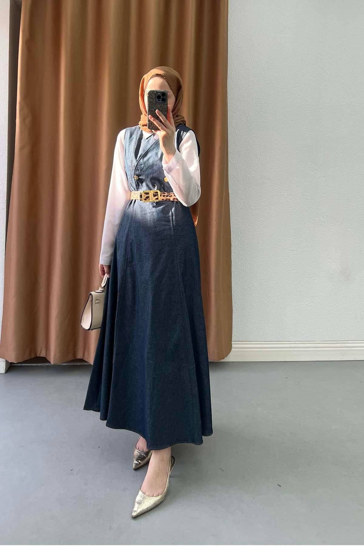 V Yaka Leopar Kemerli Modern Denim Jile Elbise Koyu Mavi