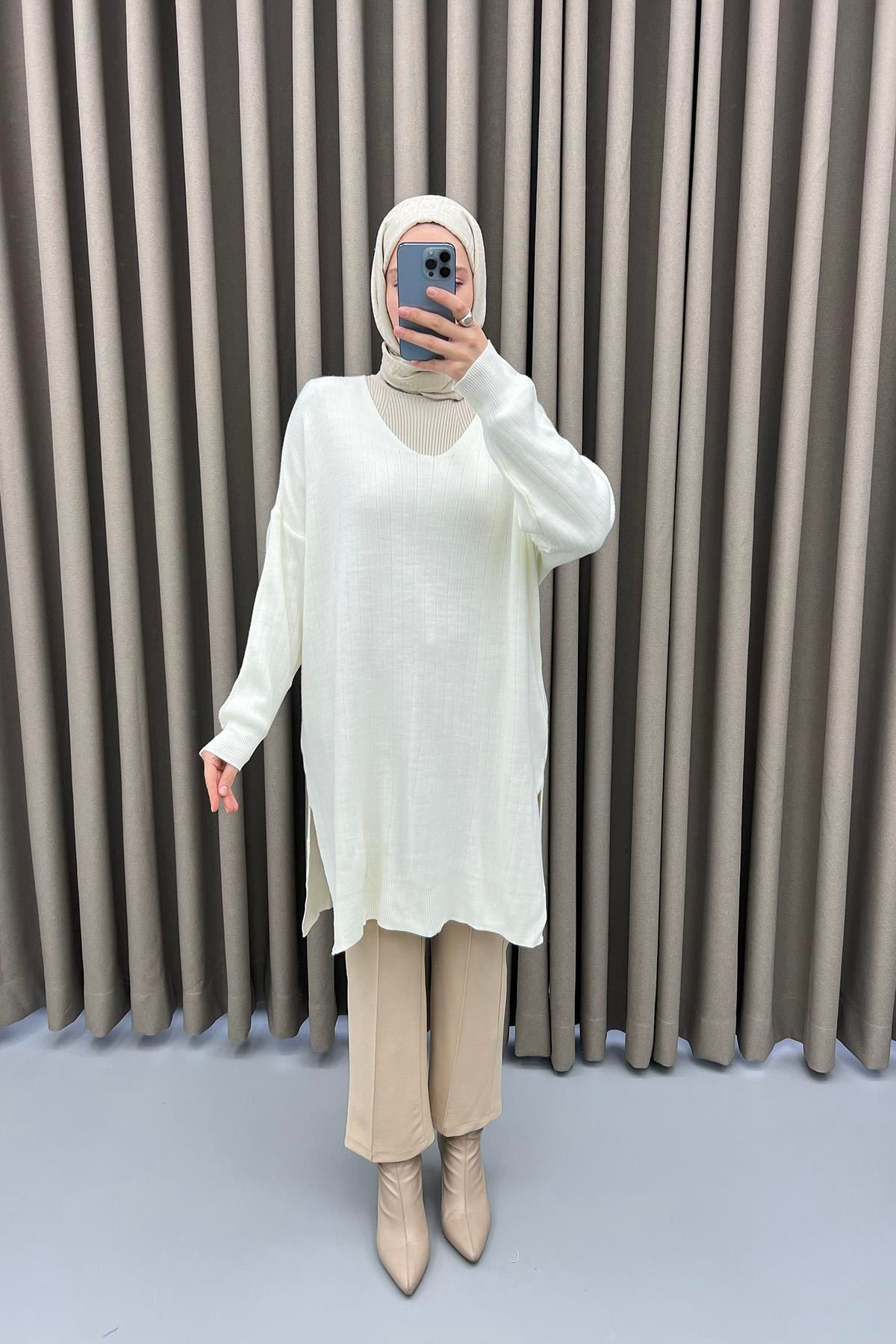 V Yaka Tunik Krem
