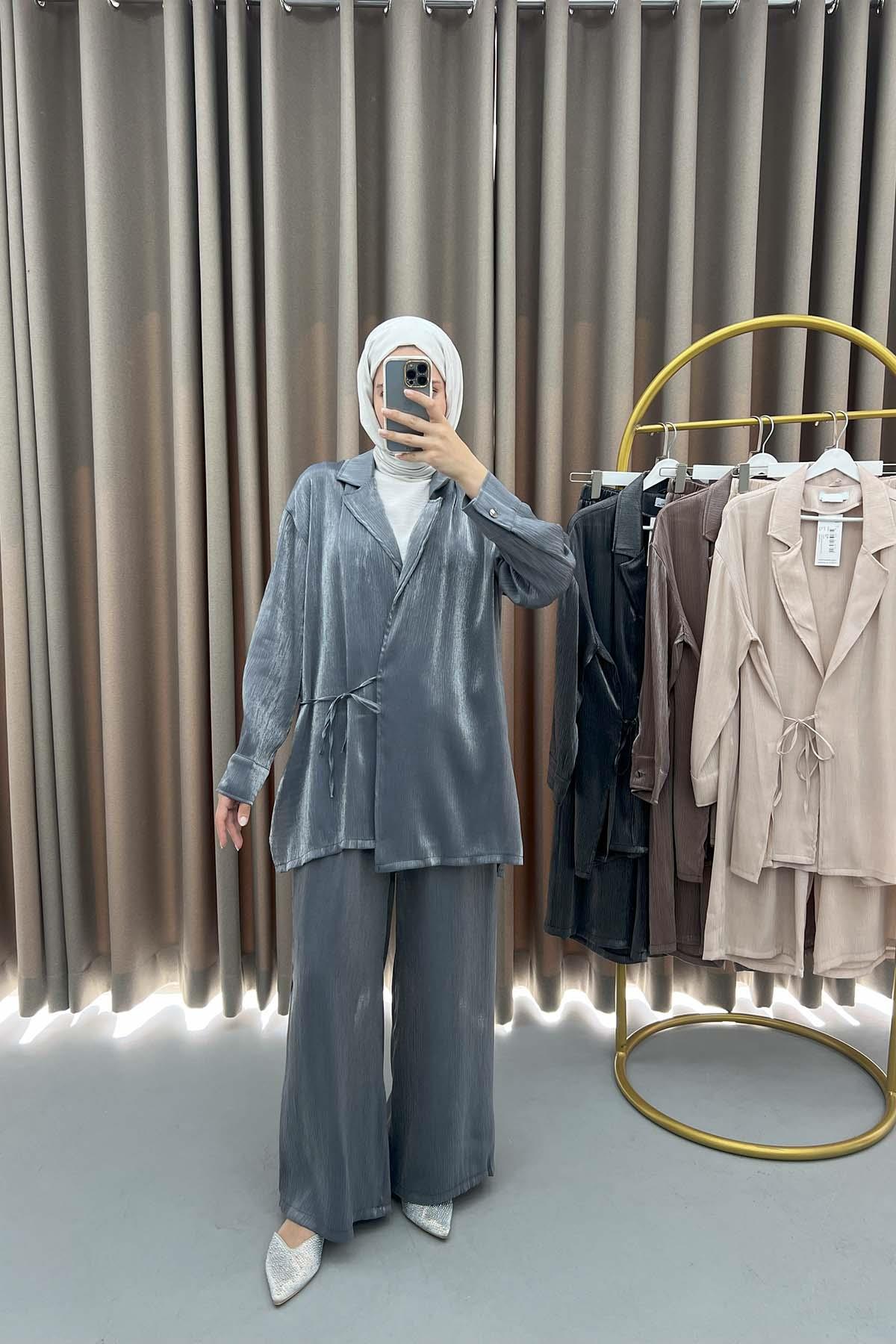 Viral Parlak Kimono Takım Gri