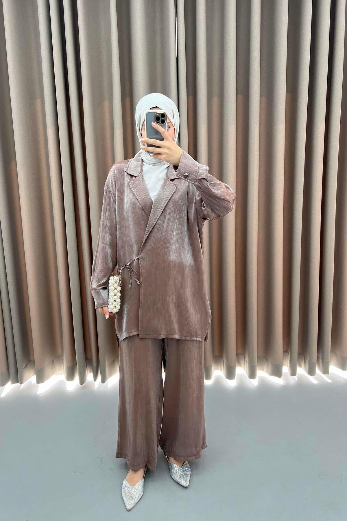Viral Parlak Kimono Takım Kahve