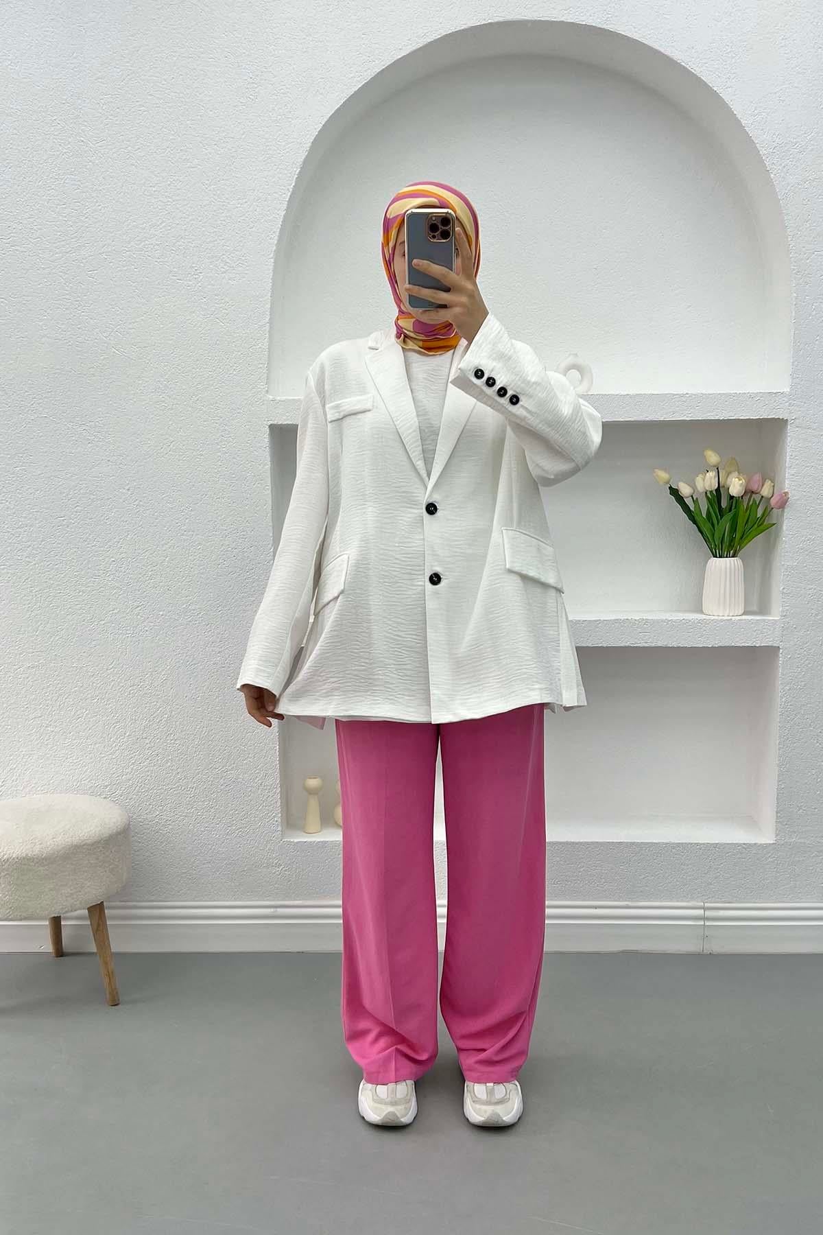 Viskon Keten Pantolon Pembe
