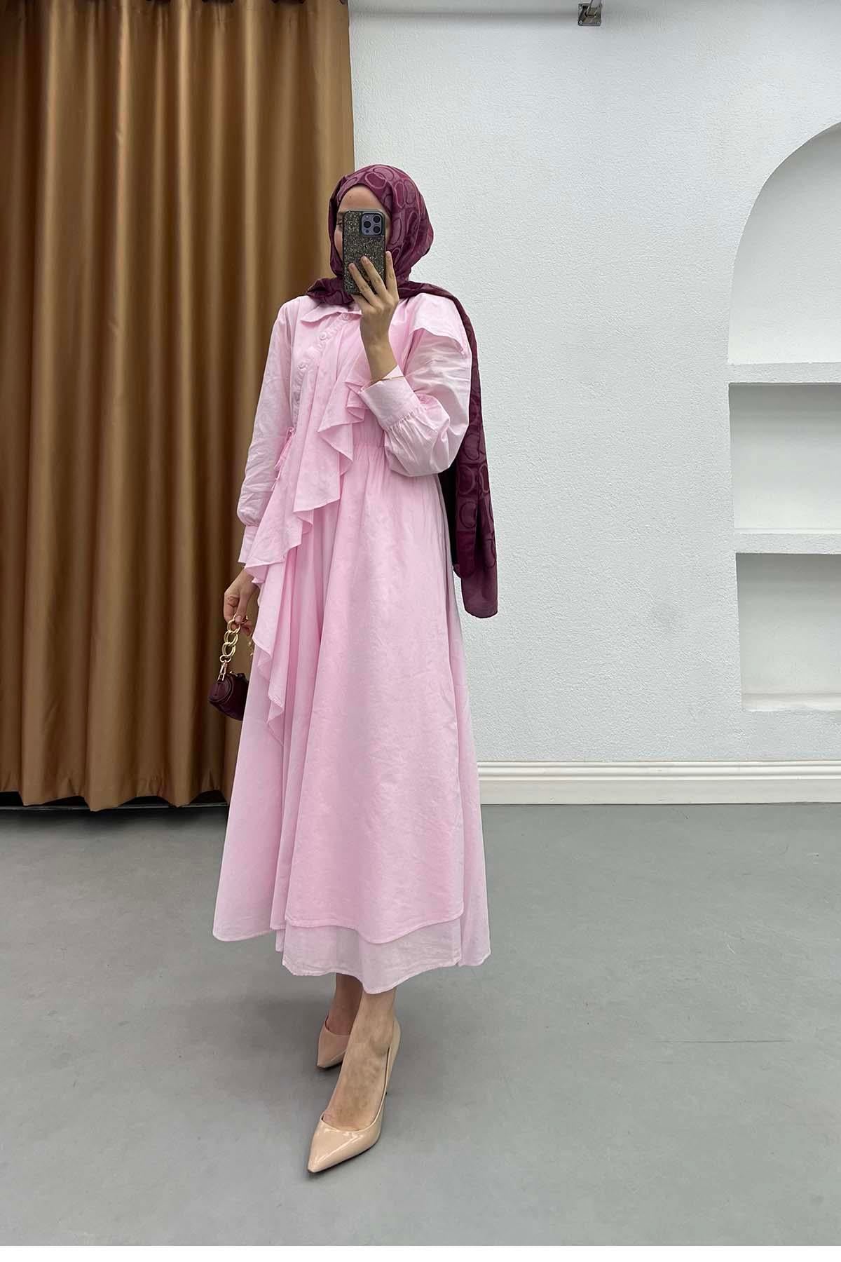 Volan Akışlı İçlikli Aura Elbise Pembe