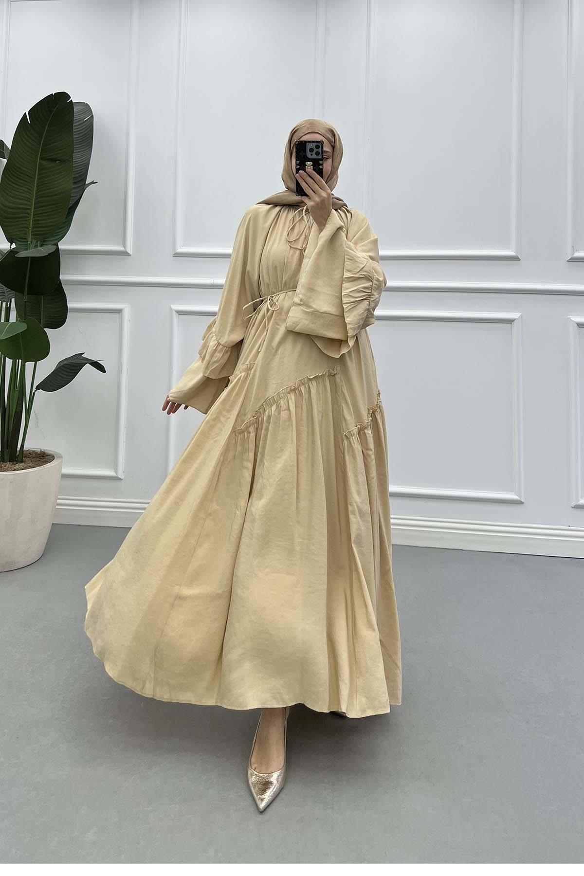 Volanlı Astarlı Elbise Camel