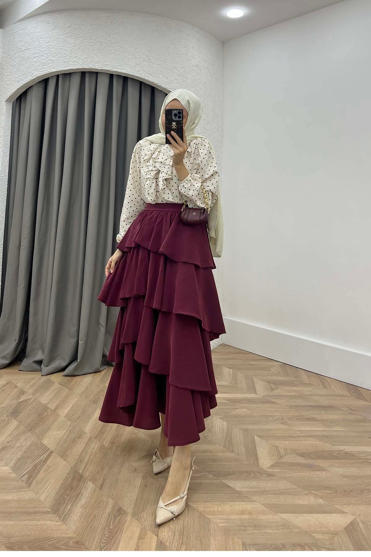Volanlı Modern Etek Bordo
