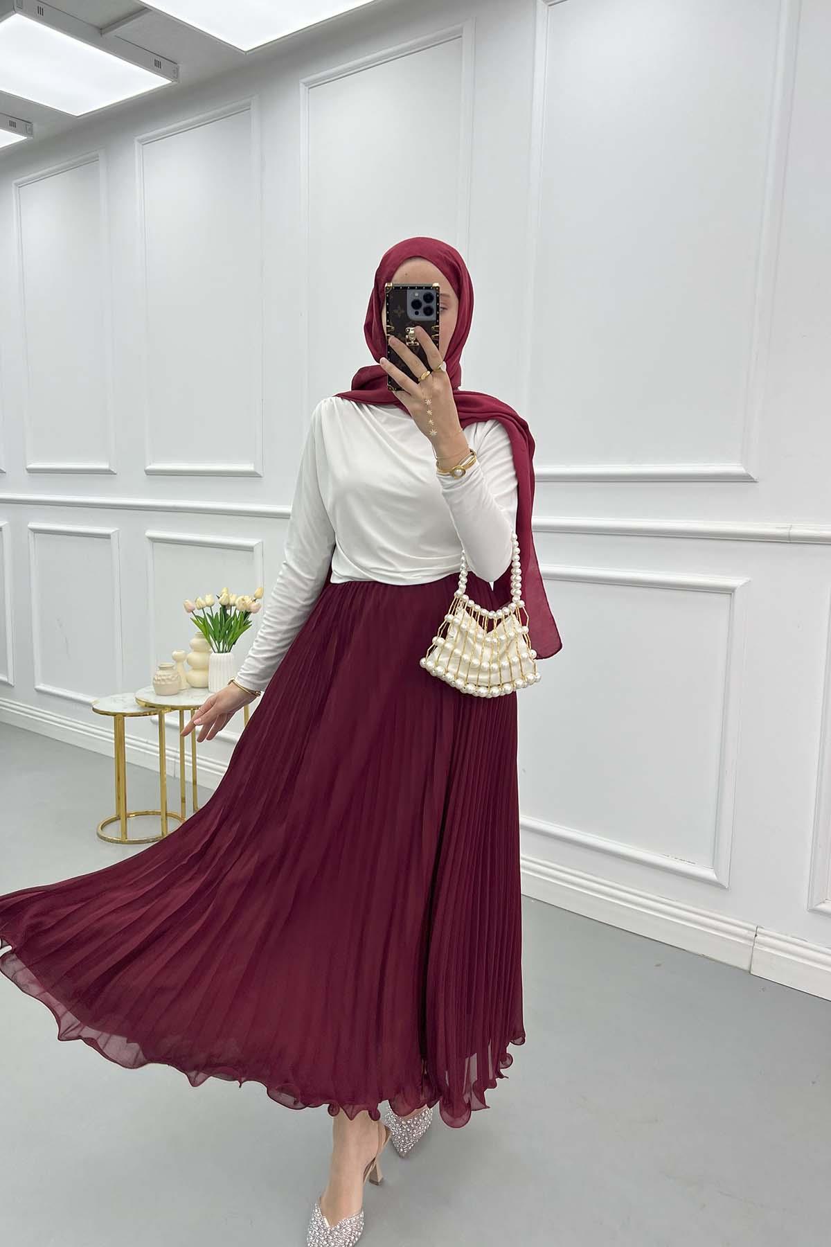 Volanlı Piliseli Etek Bordo