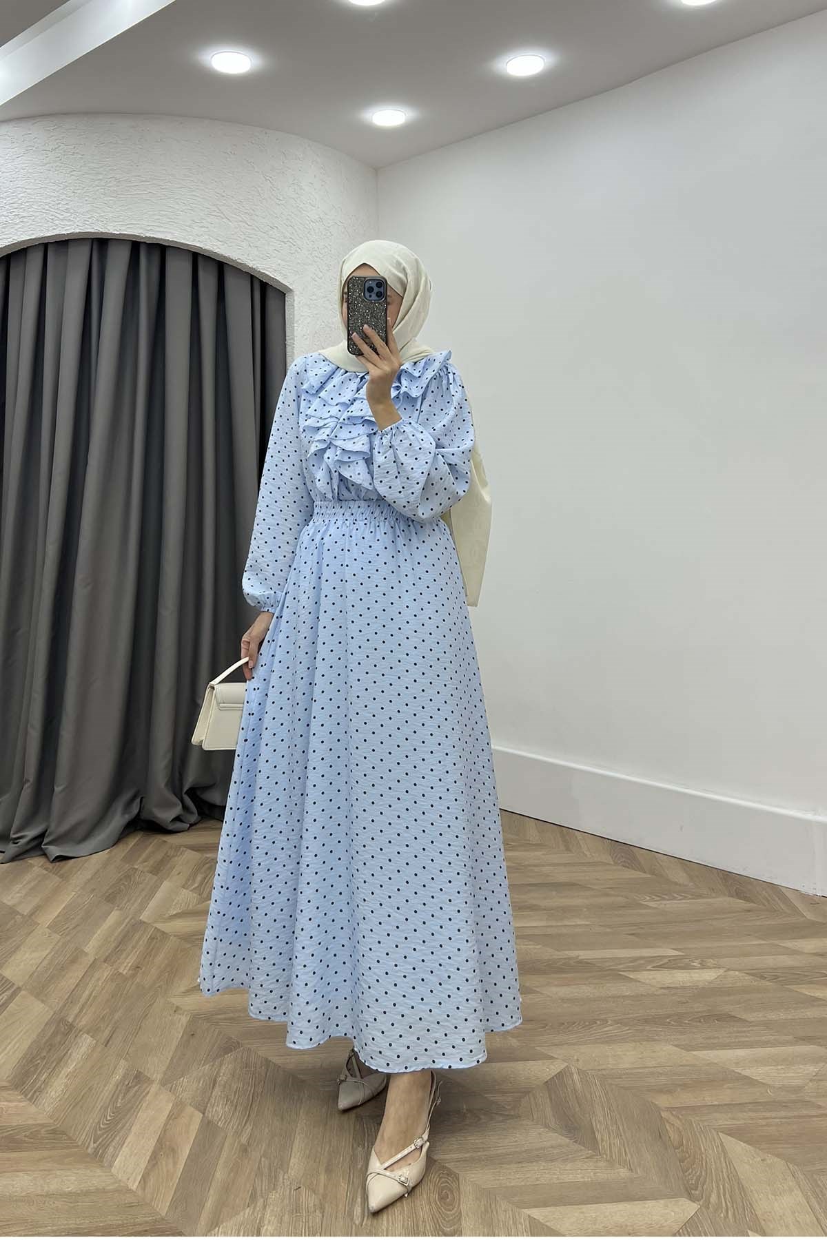 Volanlı Puantiyeli Modal Kumaş Retro Takım Bebe Mavi