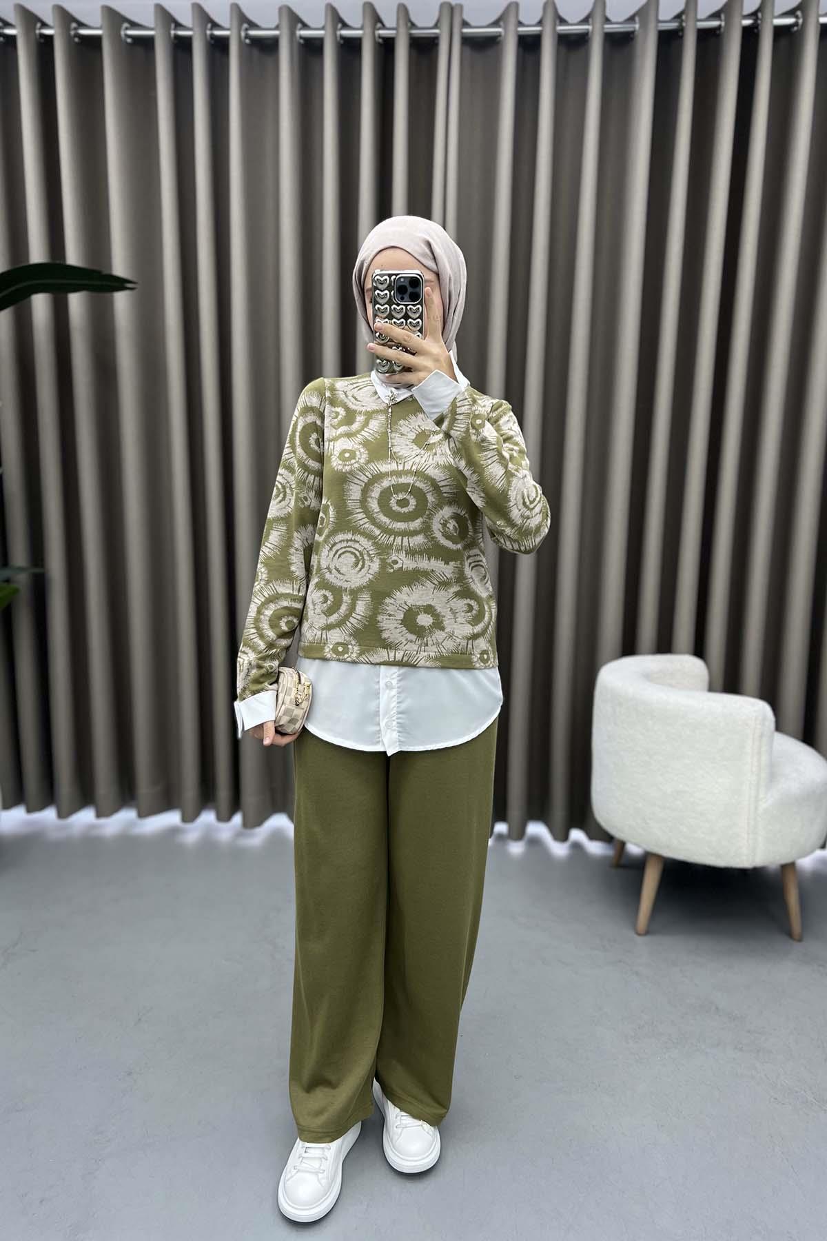 Yaka Broşlu Desenli Takım Soft Yeşil