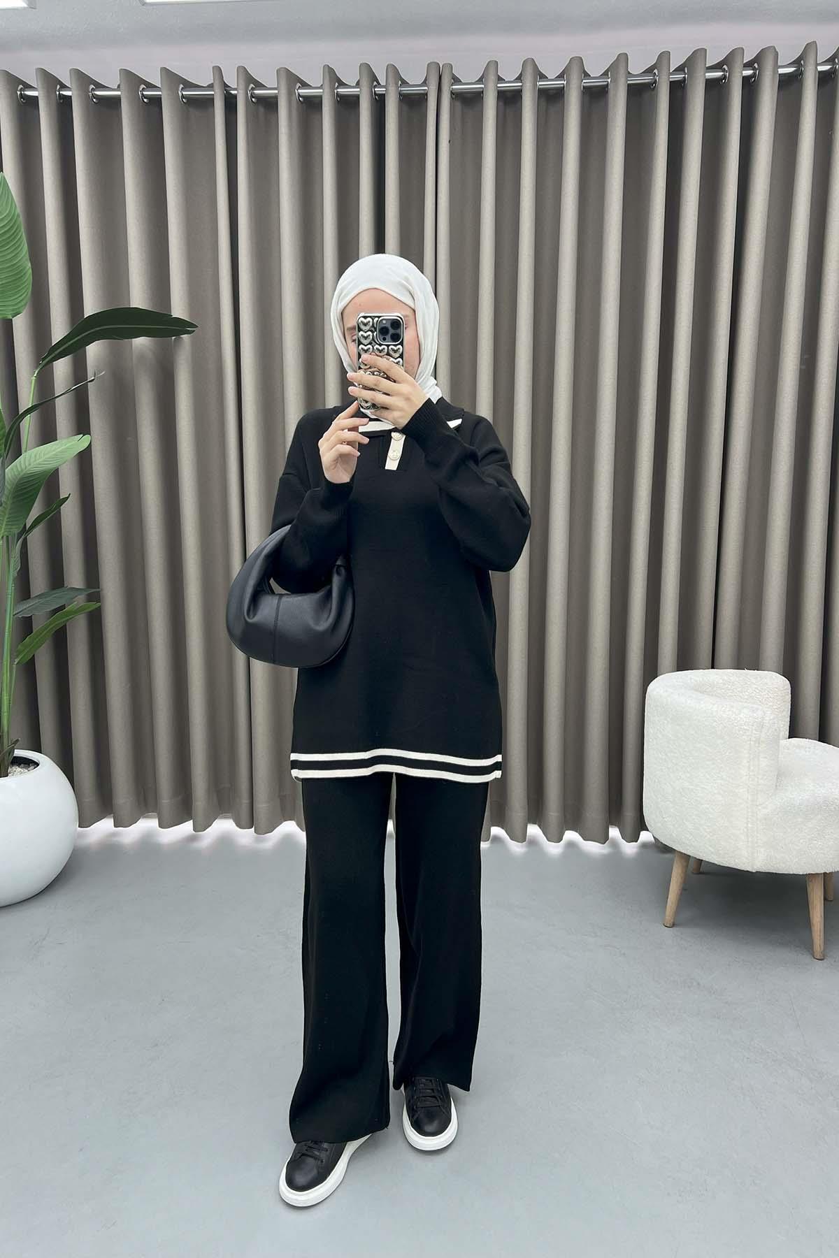 Yaka Detaylı Triko Takım Siyah