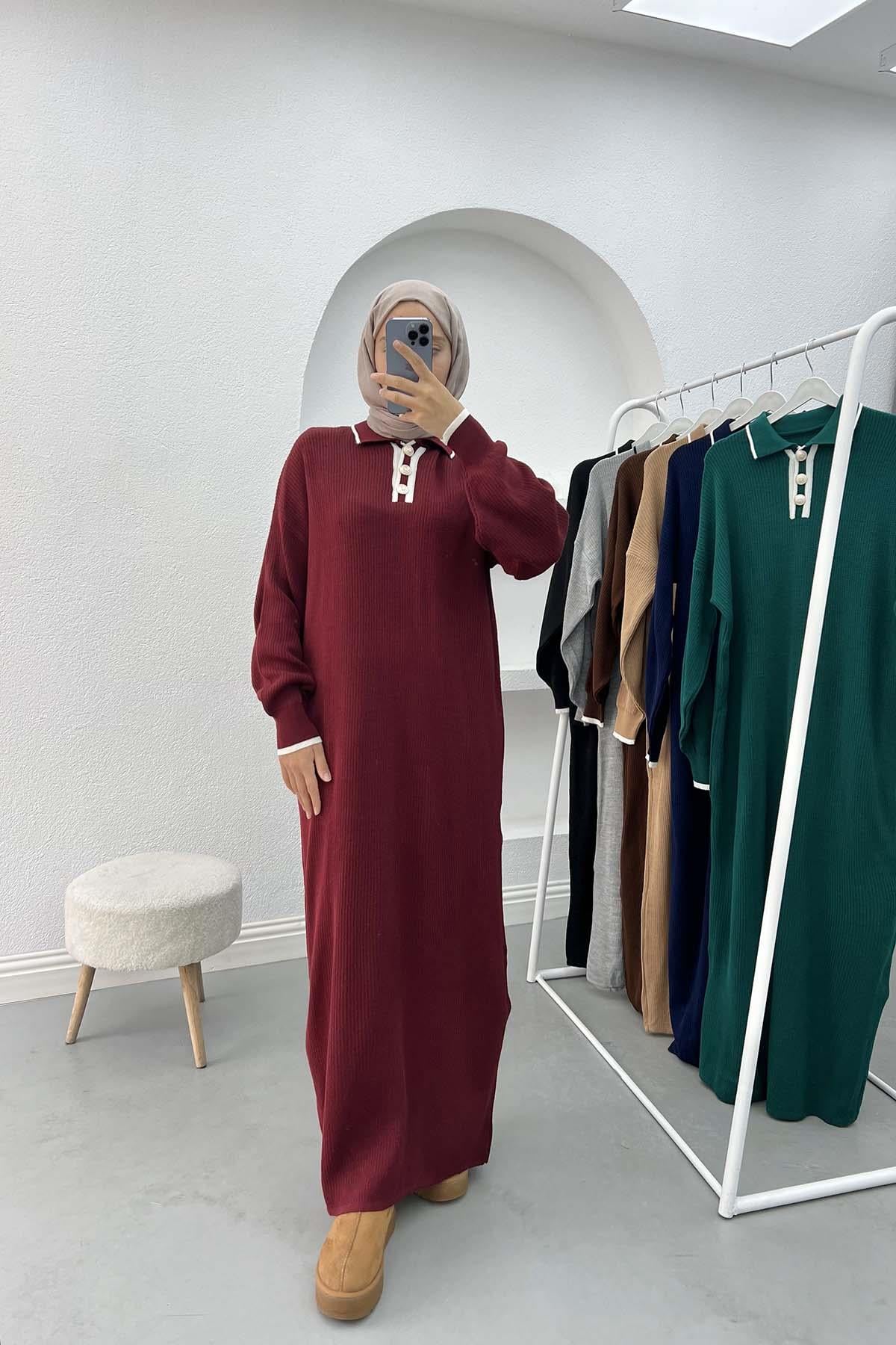 Yaka Düğmeli Triko Elbise Bordo