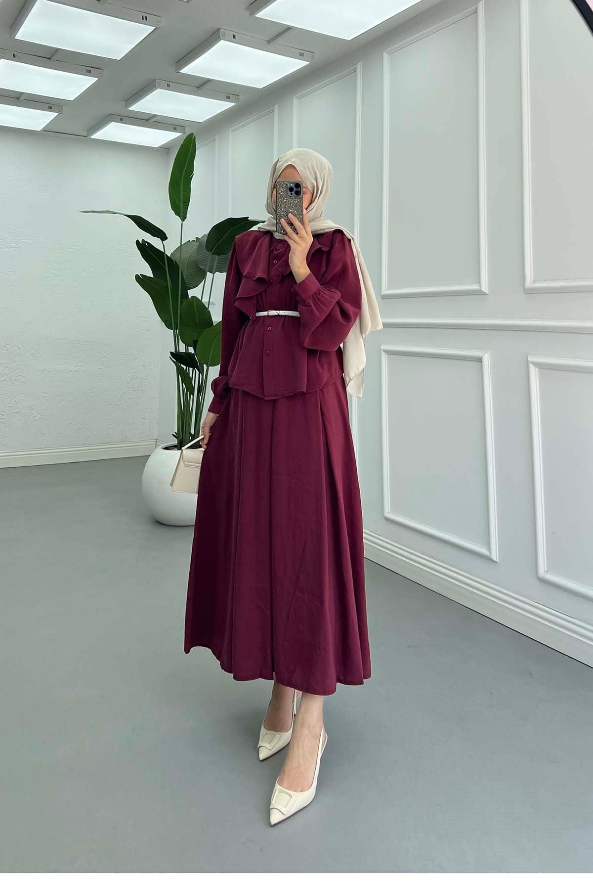 Yakası Fırfır Detaylı Modal Takım Bordo