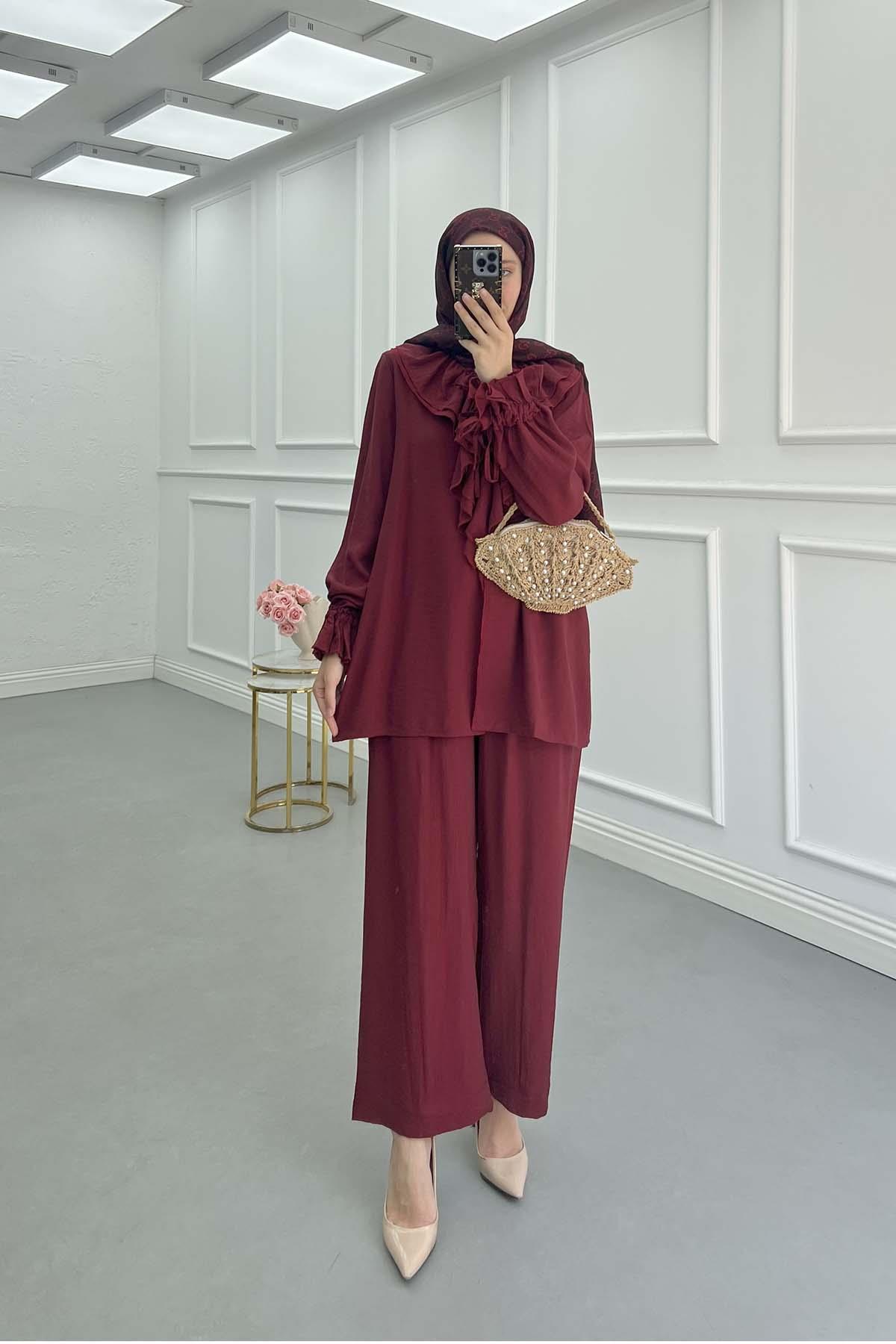 Yakası Fırfırlı Bağlamalı Takım Bordo