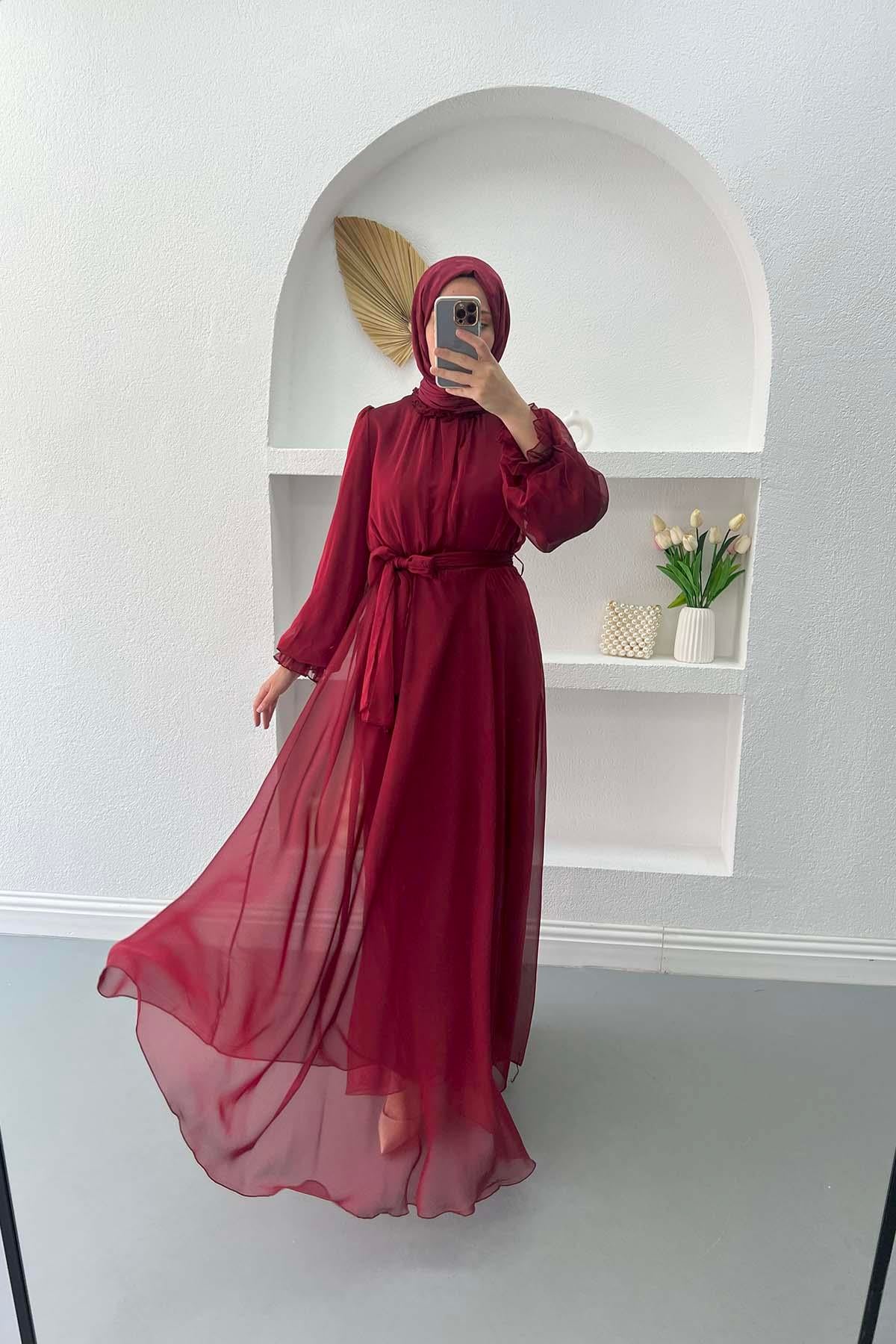 Yakası Fırfırlı Tül Abiye Bordo