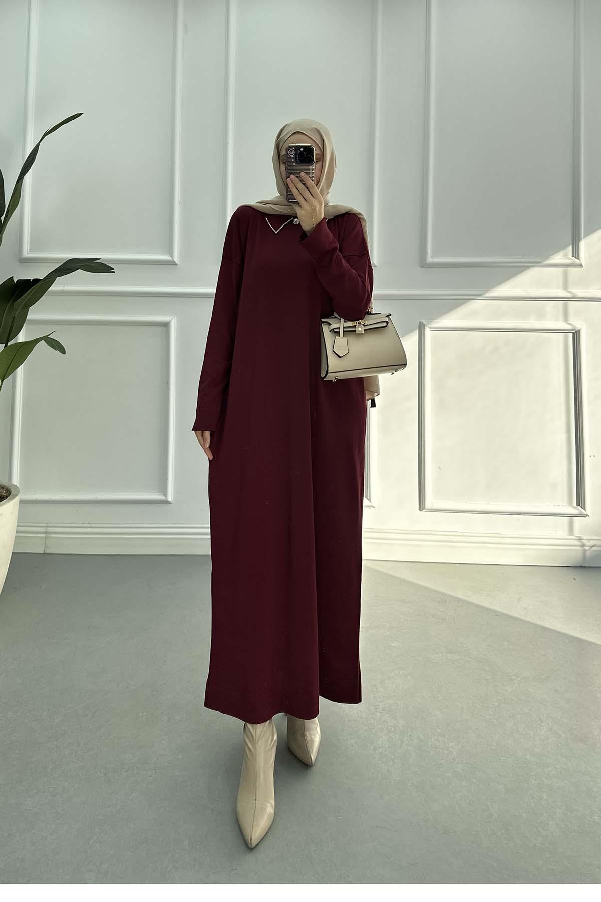 Yakası Taş Detaylı Merserize Elbise Bordo