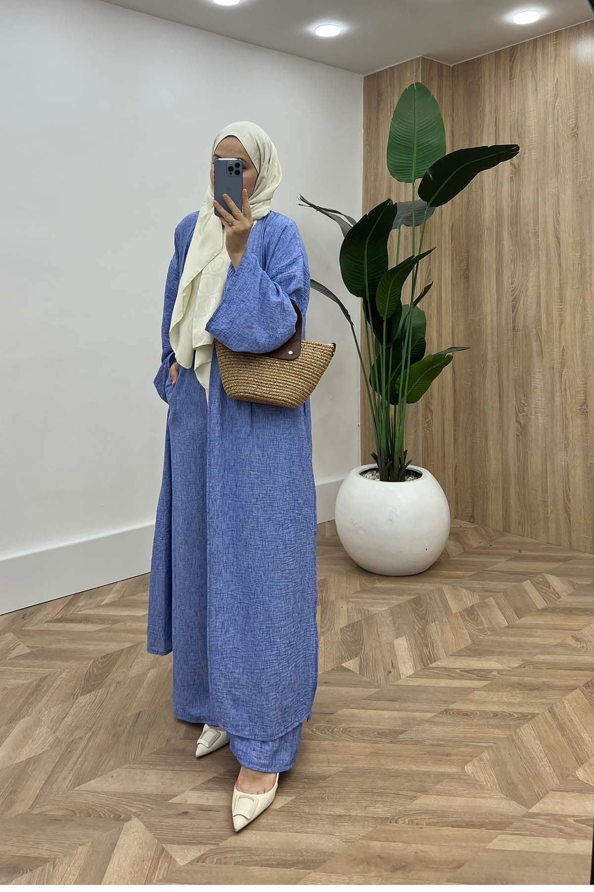 Yan Yırtmaçlı Kimono Takım Mavi