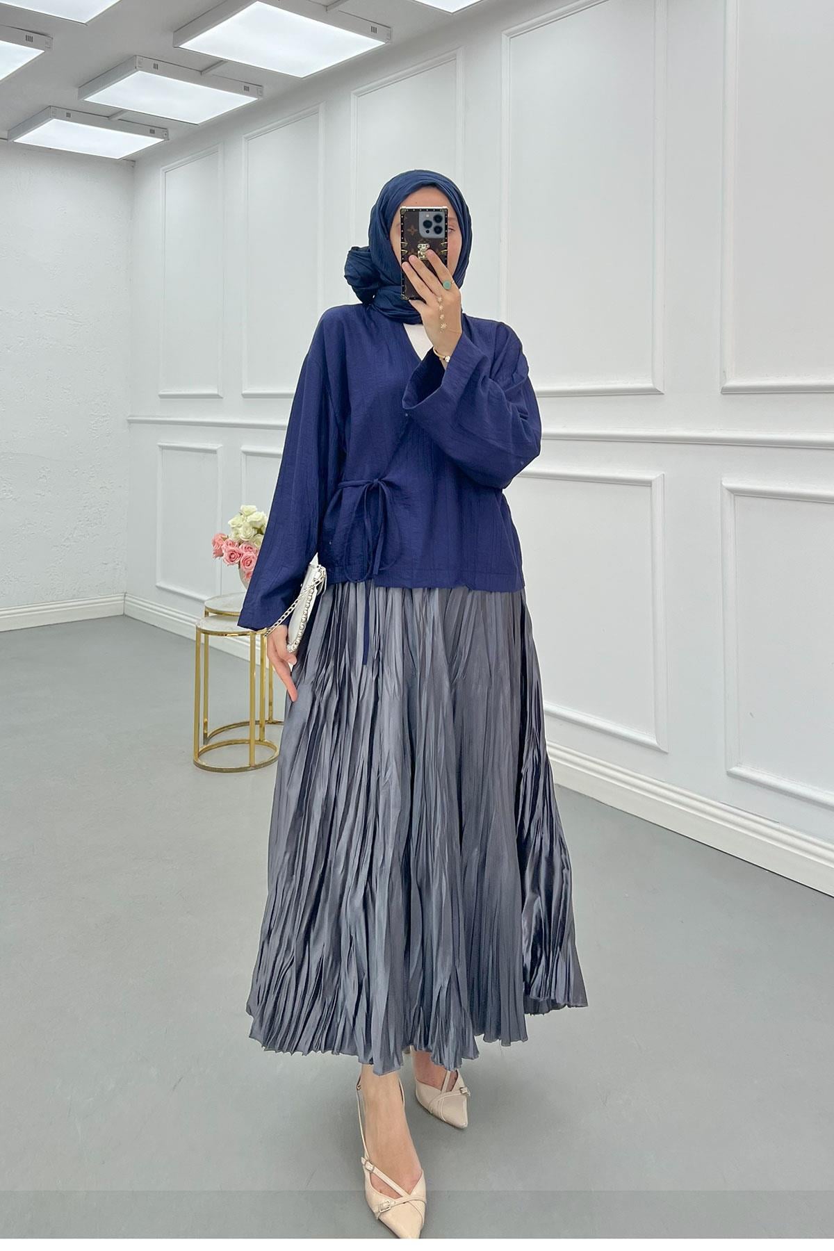 Yandan Bağlamalı Çilek Kimono Lacivert
