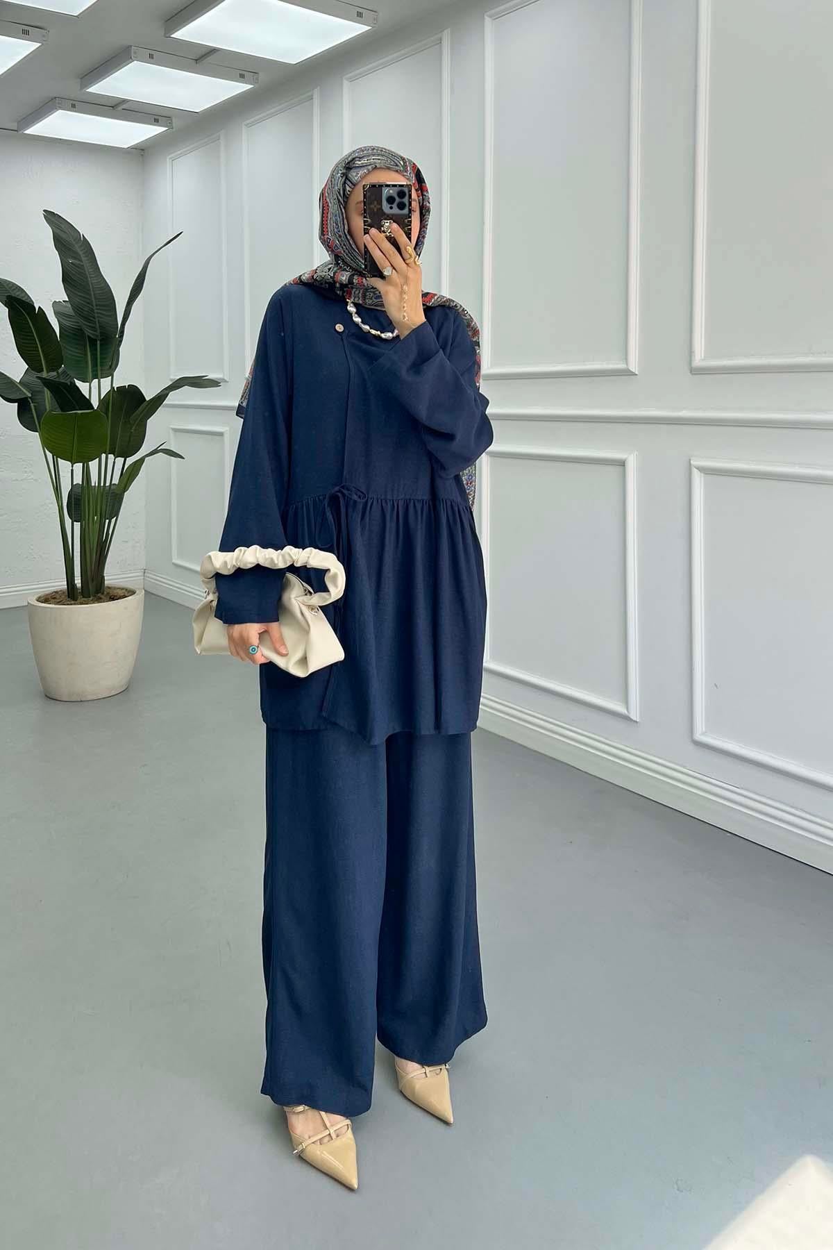 Yandan Bağlamalı Kimono Takım Lacivert