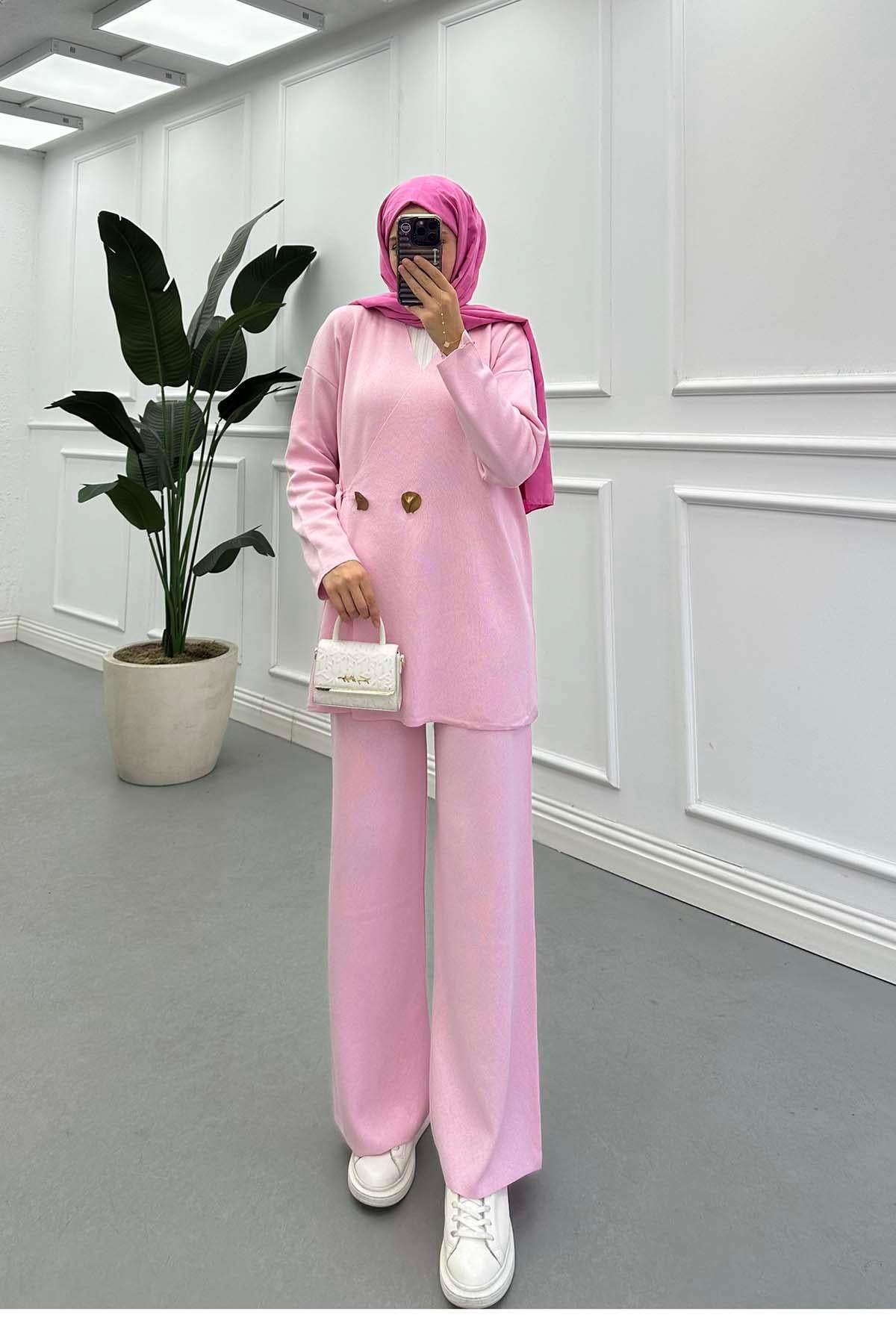 Yandan Bağlamalı Triko Takım Pembe