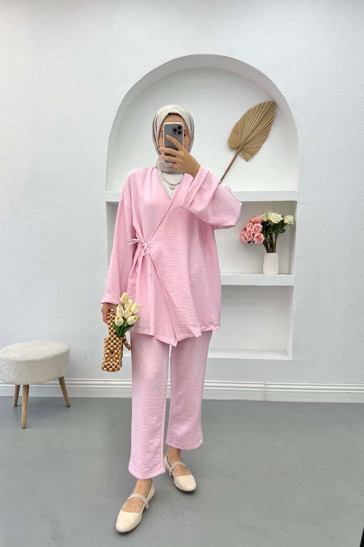 Yandan Bağlamalı Viral Kimono Takım Pembe