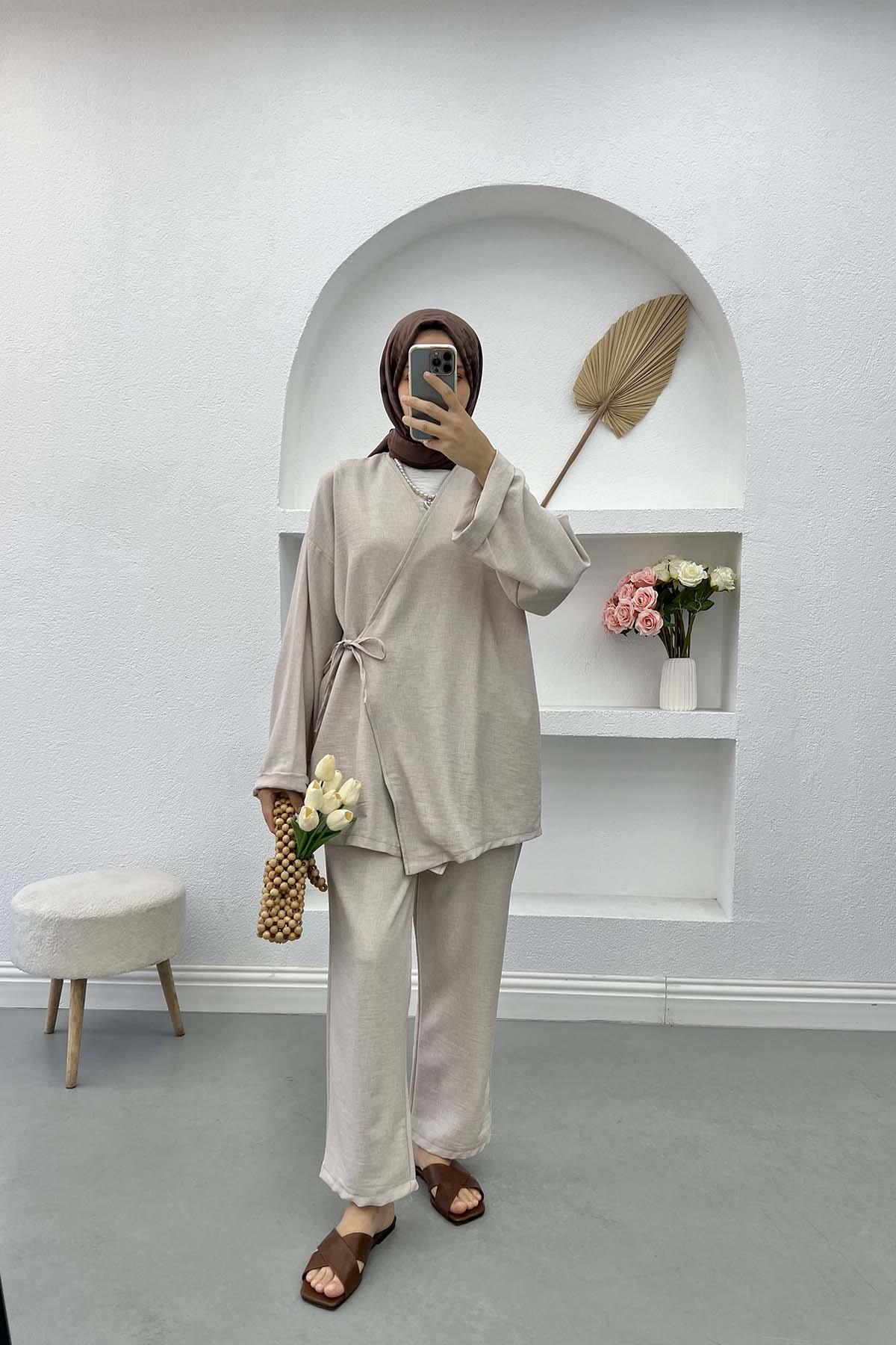 Yandan Bağlamalı Viral Kimono Takım Taş