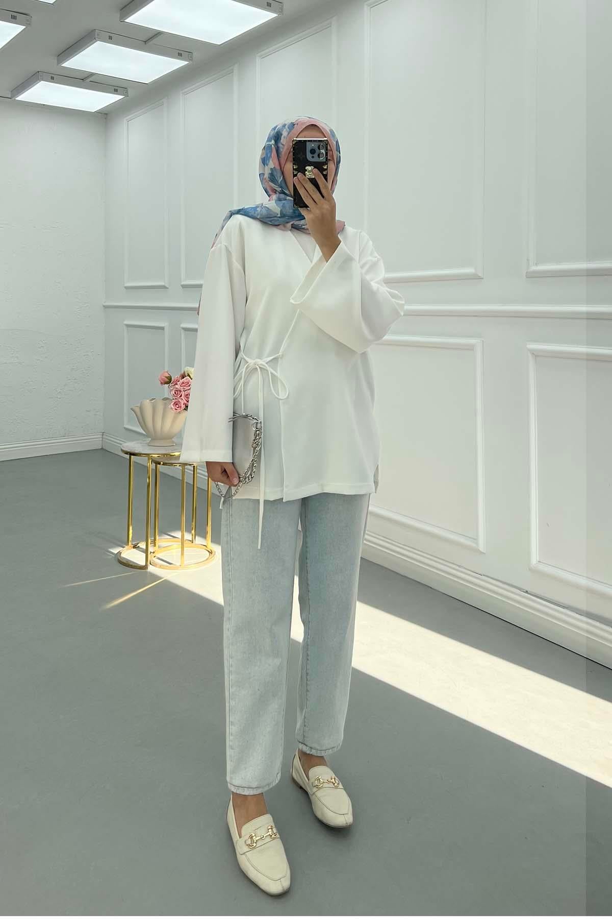Yanı Yırtmaçlı Double Kimono Beyaz