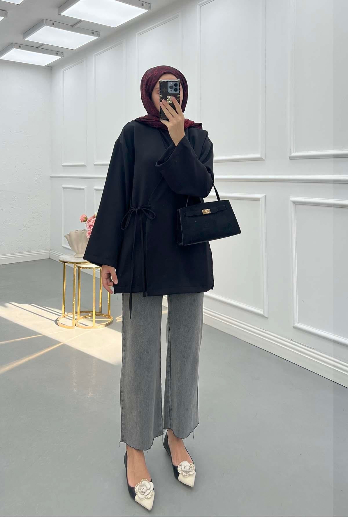 Yanı Yırtmaçlı Double Kimono Siyah