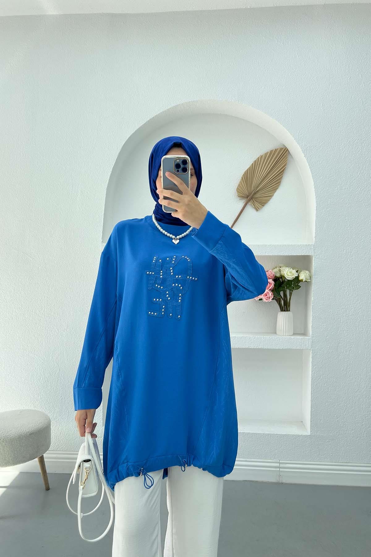Yanları Desenli Eteği Büzgülü Tunik Mavi
