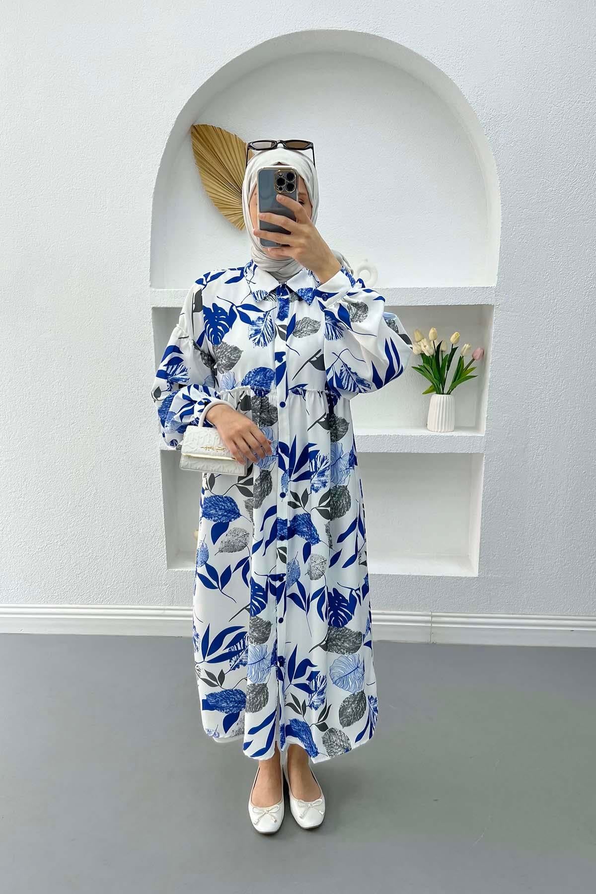 Yaprak Desenli Tunik Saks Mavi