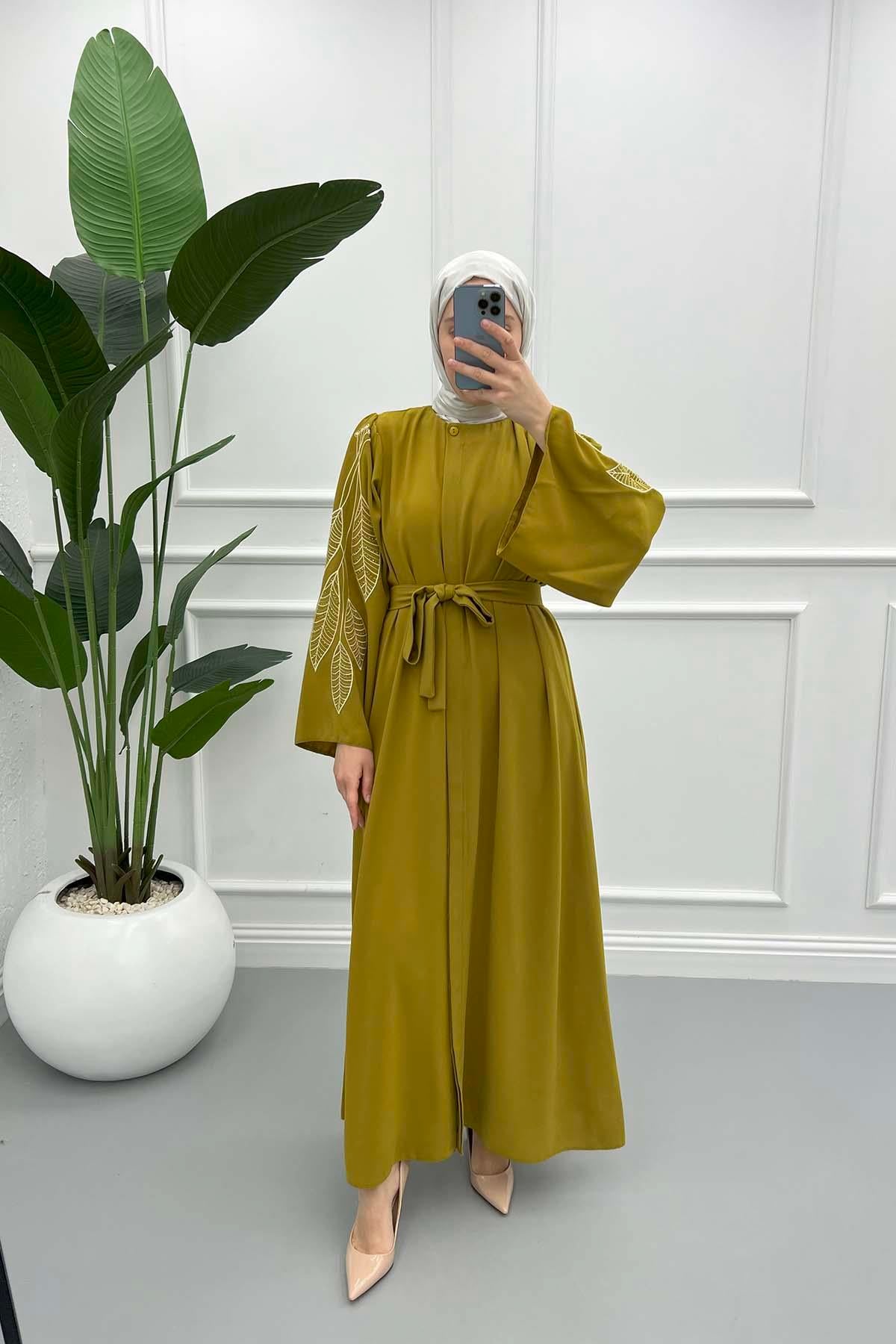 Yaprak Nakışlı Abaya Yağ Yeşili