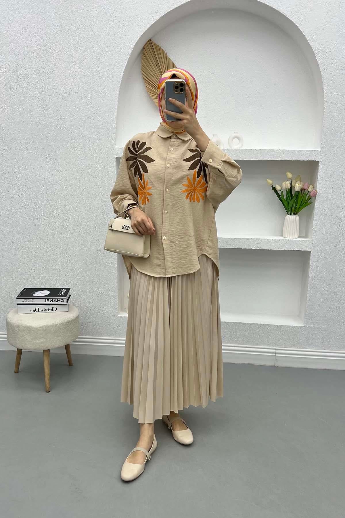 Yaprak Nakışlı Oversize Gömlek Taş