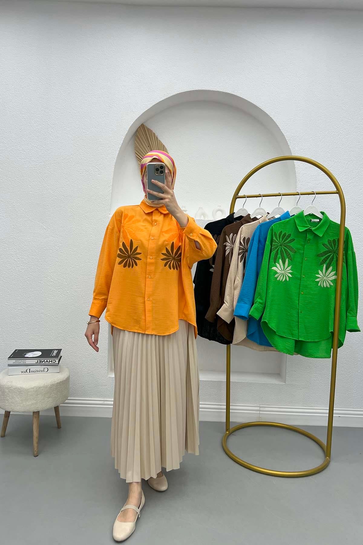 Yaprak Nakışlı Oversize Gömlek Turuncu