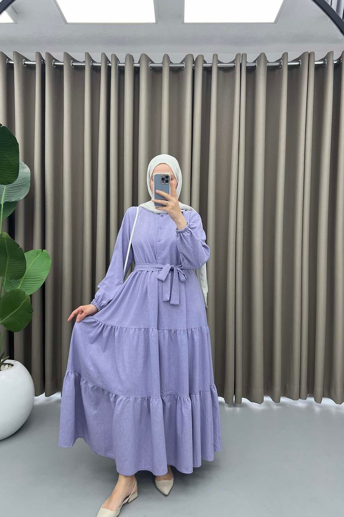 Yarım Düğmeli Bağlamalı Elbise Lila