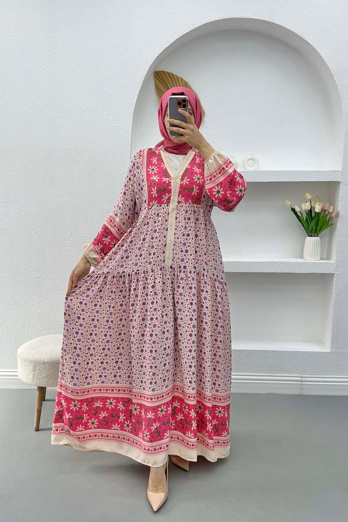 Yarım Düğmeli Çiçekli Elbise Pembe