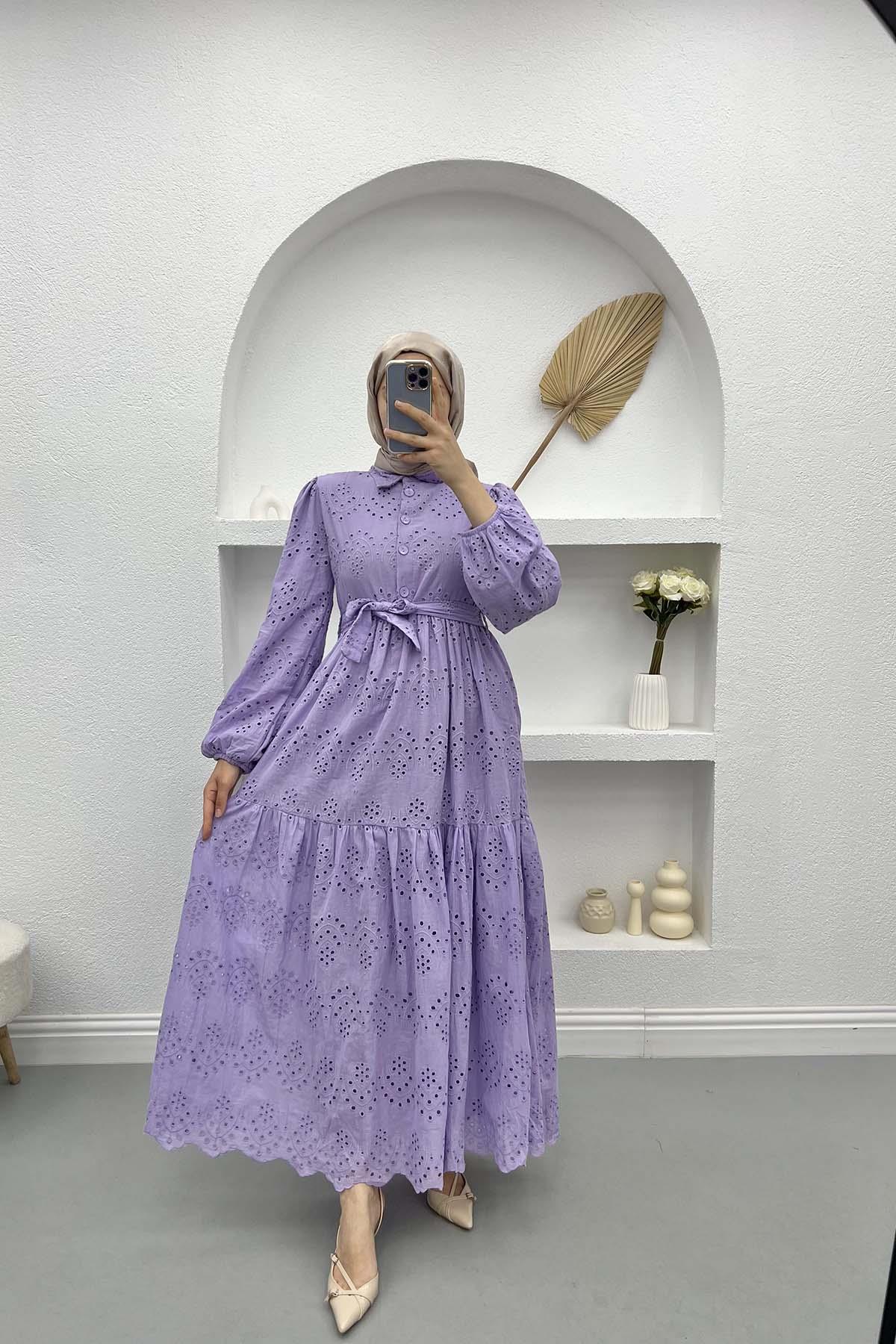 Yarım Düğmeli Fisto Elbise Lila