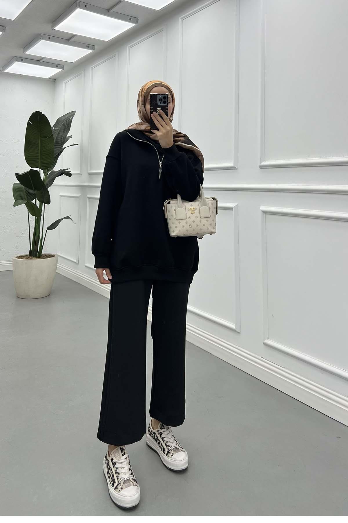 Yarım Fermuar Üç İplik Sweatshirt Siyah