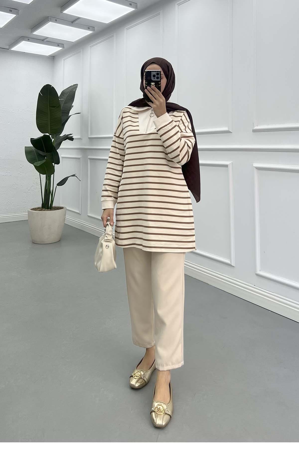 Yarım Fermuar Yakalı Sweatshirt Kahve
