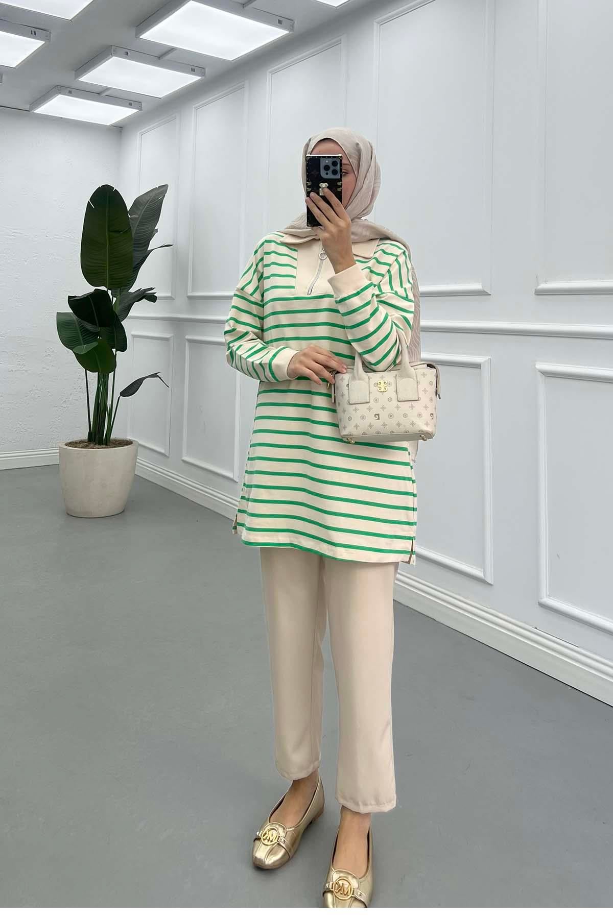 Yarım Fermuar Yakalı Sweatshirt Yeşil