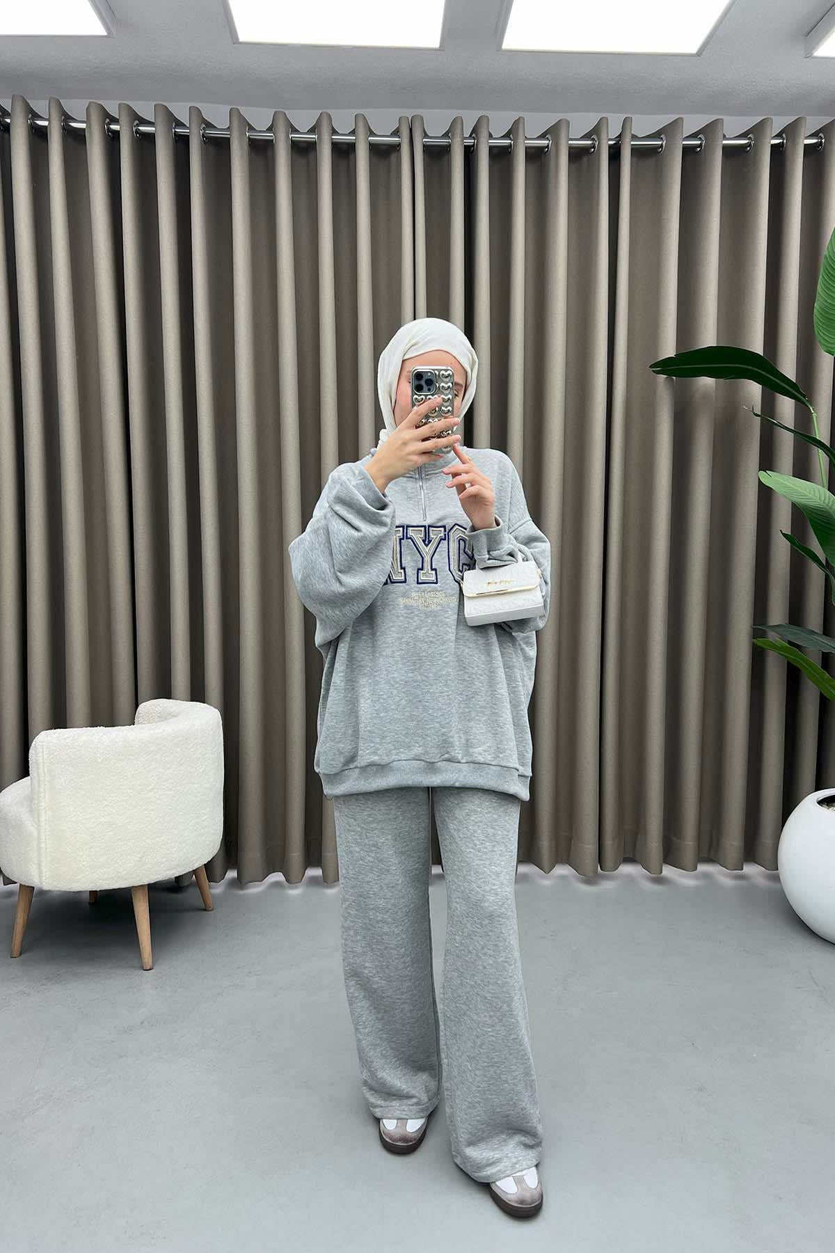 Yazılı Oversize Takım Gri