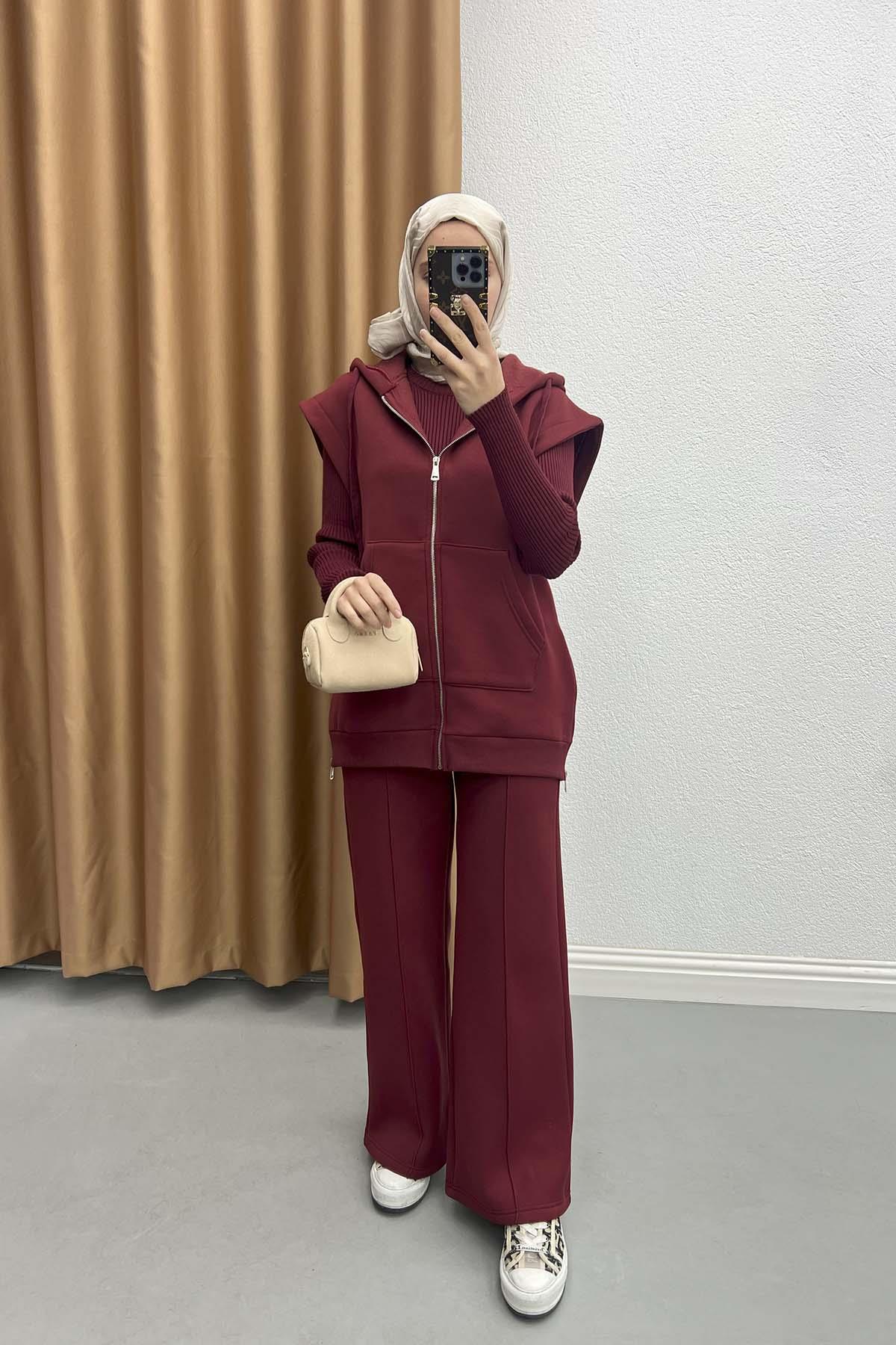 Yelekli Üç İplik Takım Bordo