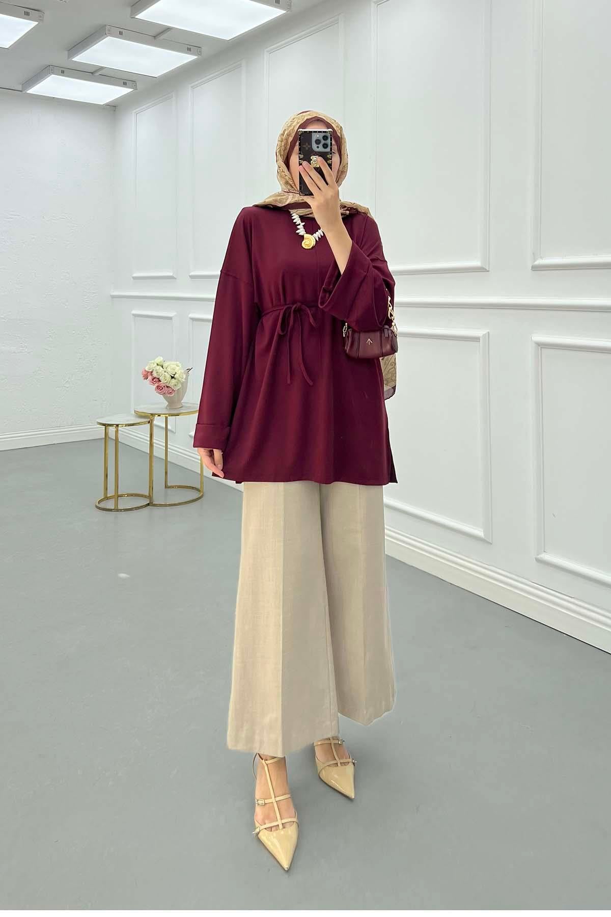 Yırtmaçlı İnce Bağlamalı Sweat Bordo