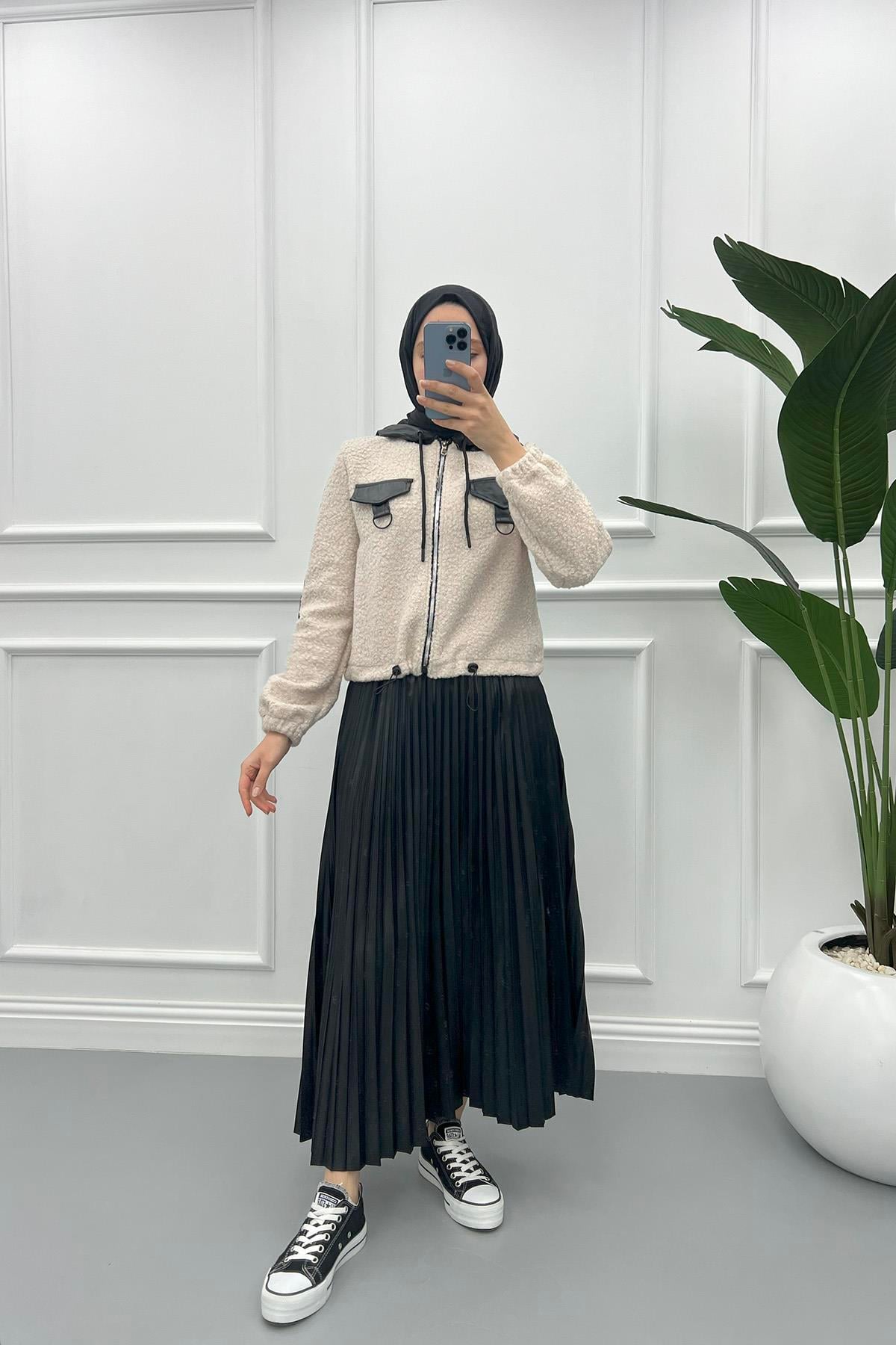 Yünlü Deri Ceket Krem