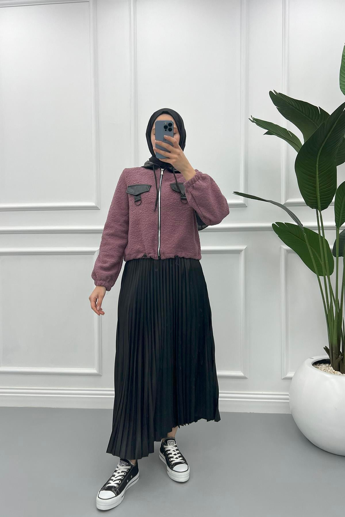 Yünlü Deri Ceket Mürdüm