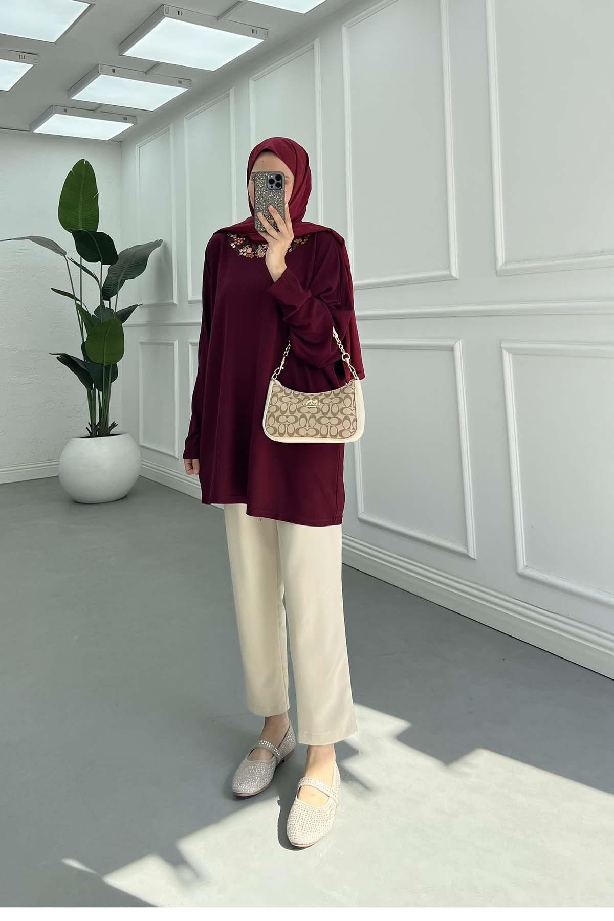 Zarif Nakışlı Günlük Sweatshirt Bordo