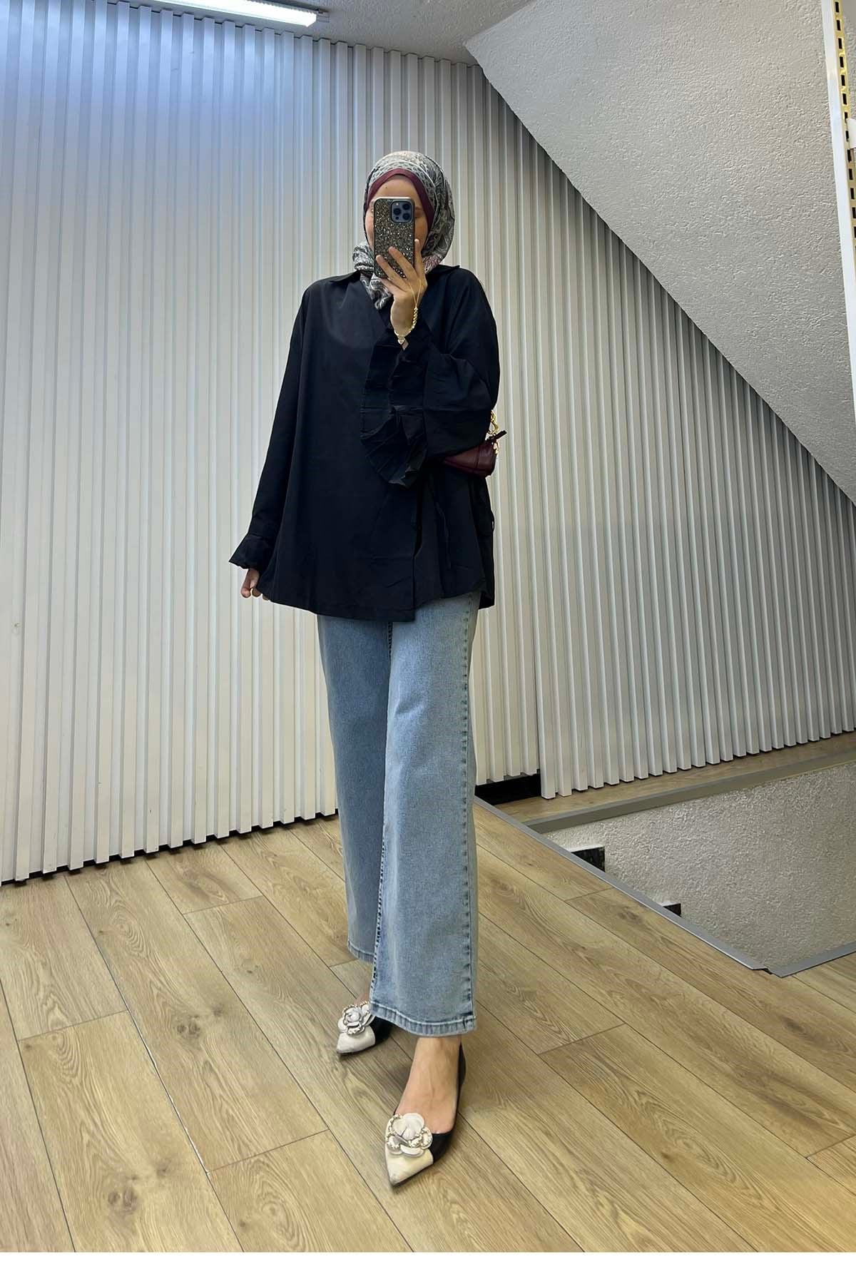 Zarif Pile Detaylı Modern Kimono Siyah
