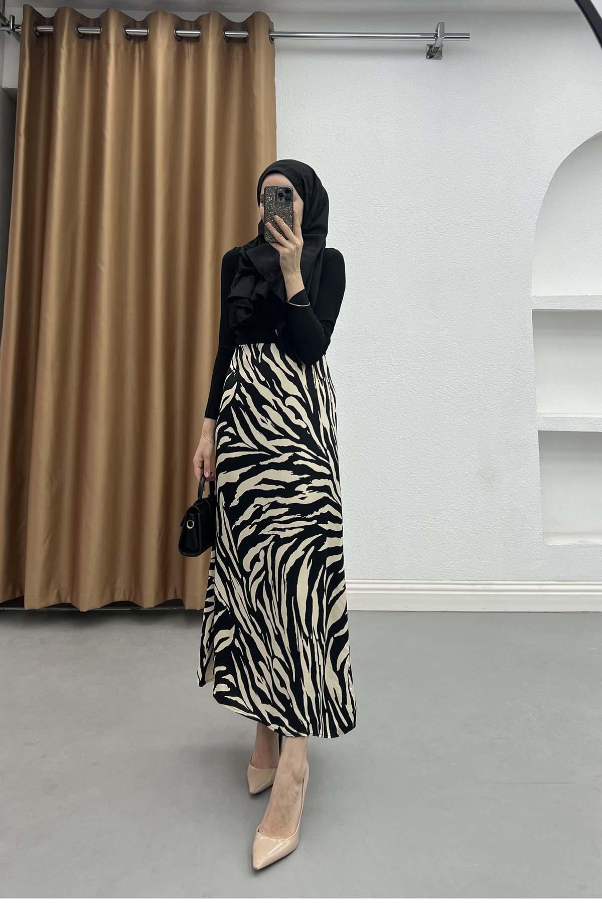 Zebra Desenli Akışkan Saten Etek Zebra