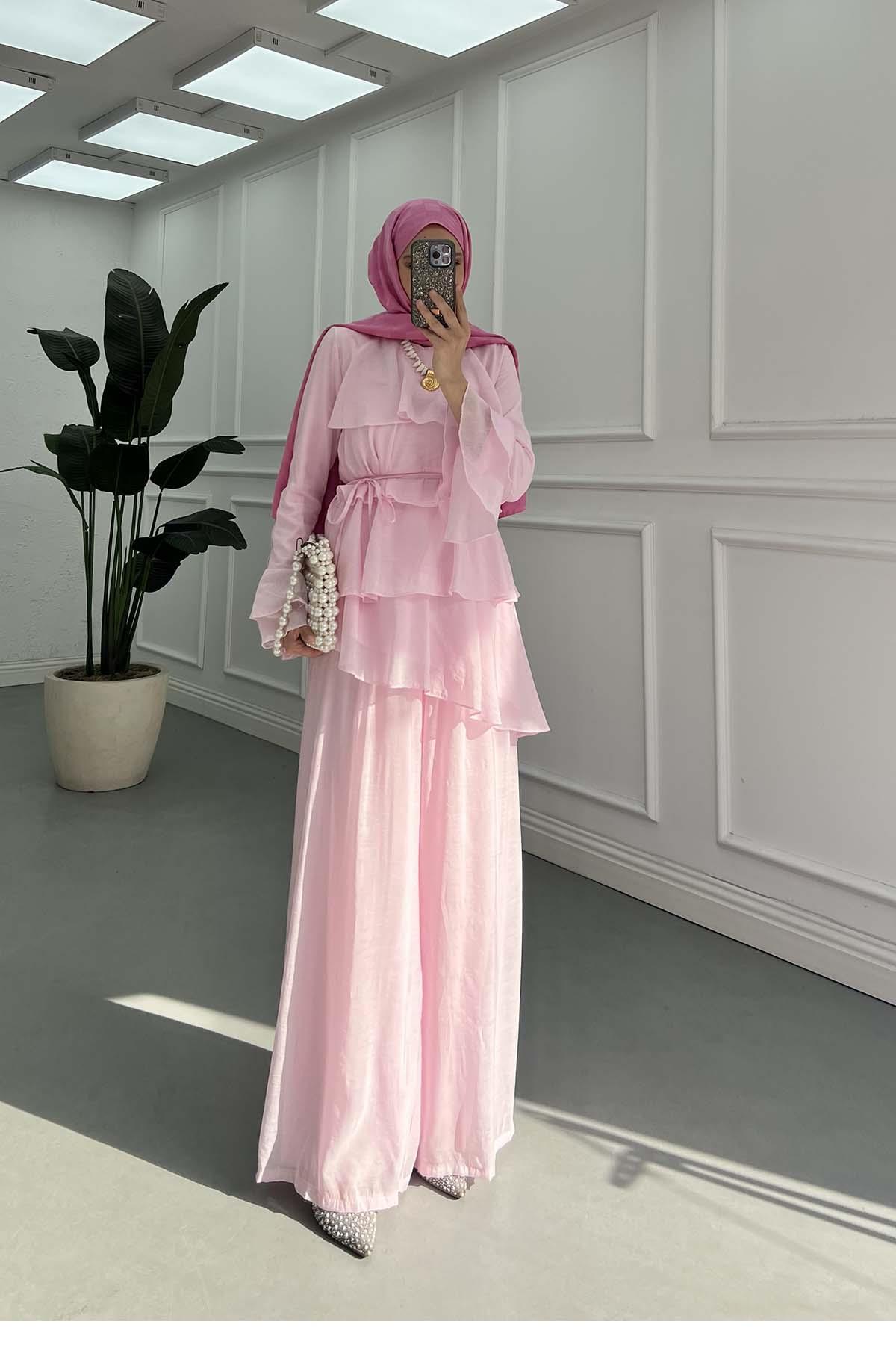 Zerafet Volanlı Luxury Şifon Takım Pembe