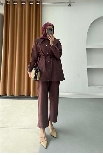 Bebe Yaka Detaylı Belden Bağlamalı Mango Takım Gül Kurusu